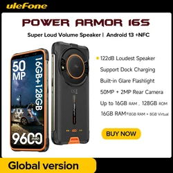 Ulefone-teléfono inteligente Power Armor 16S resistente al agua, Android 13, NFC, 16GB + 128GB, cámara de 50MP, 9600mAh, altavoz más fuerte, 122dB, Global