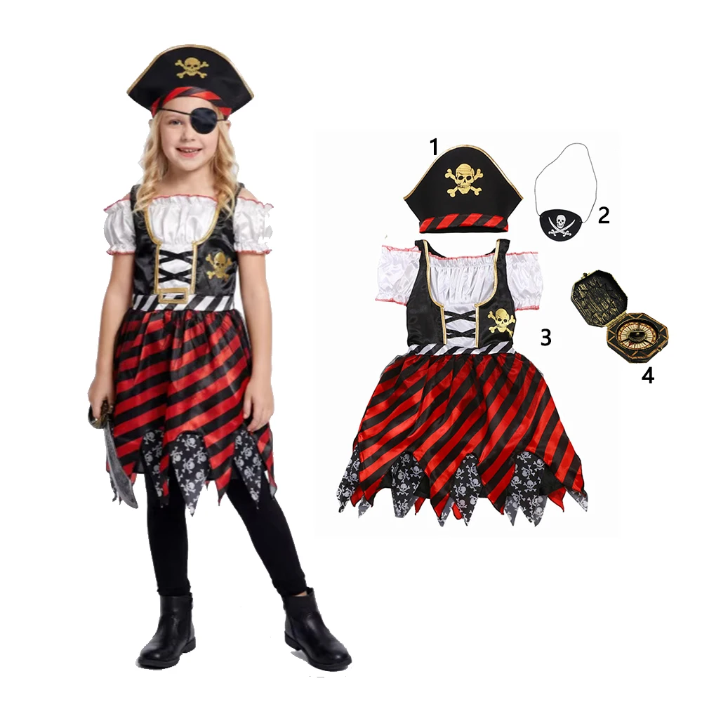 Girls Cosplay Costume Dress Kids Pirate Themed Role‑Play Outfit Striped Skirt with Hat Eye Patch for Halloween Stage Performance