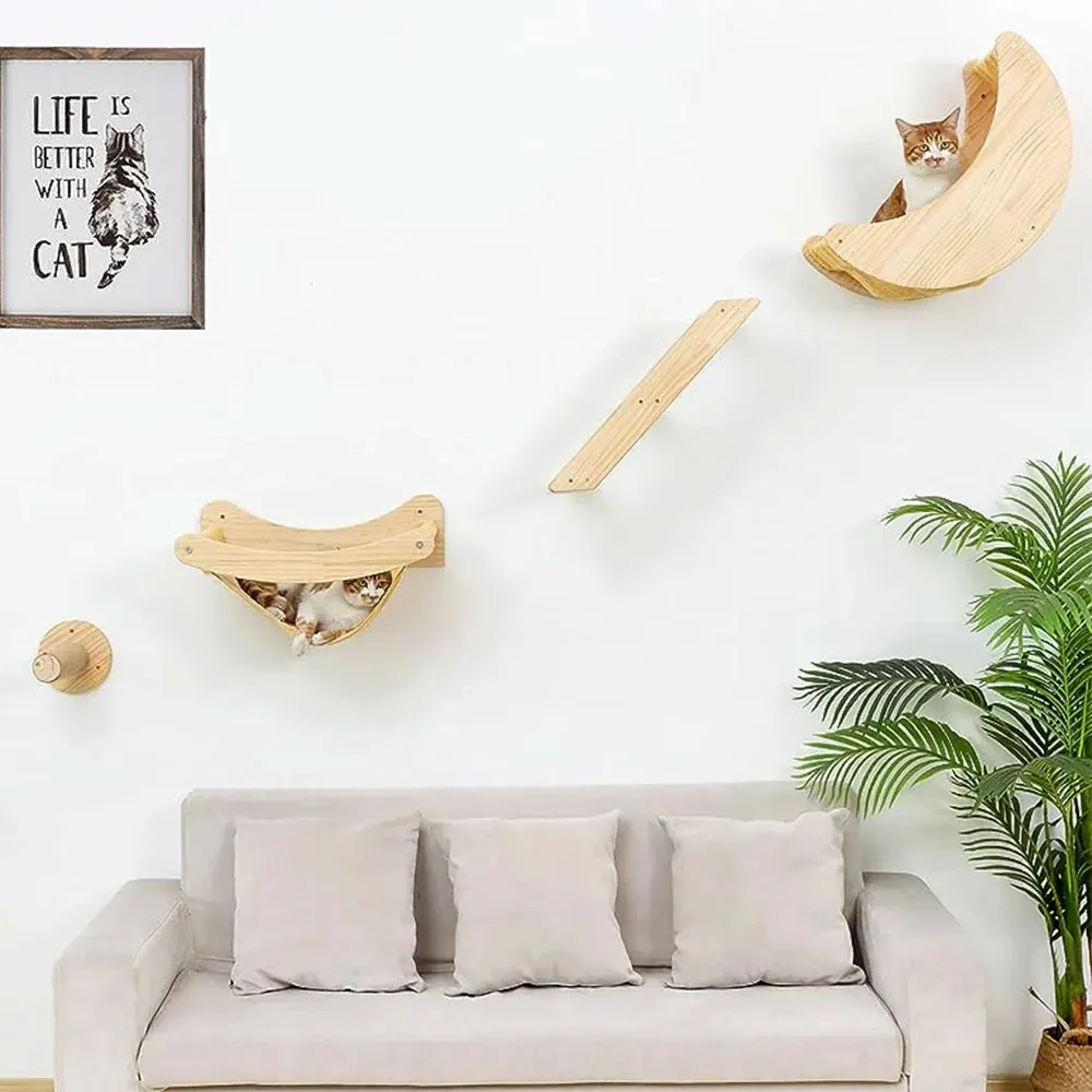 Cat Tree Wall Mounted Climbing Shelves Wooden Hammock with Ladder and Cat Bridge for Cat Perch Sleeping Pet Indoor Playground