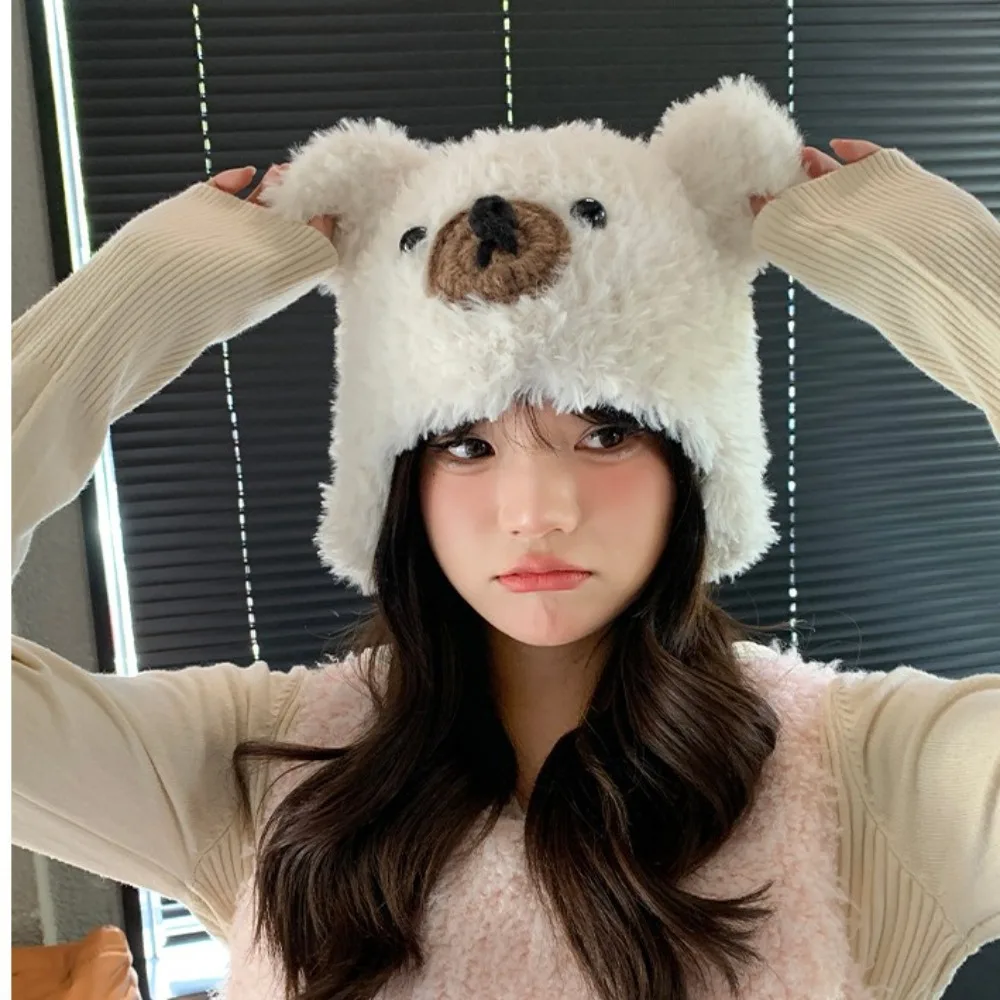 All Match Korean Style Bear Ear Beanie Keep Warm Fluffy Knitted Woolen Cap Ear Protection Thick Pullover Hat Cycling