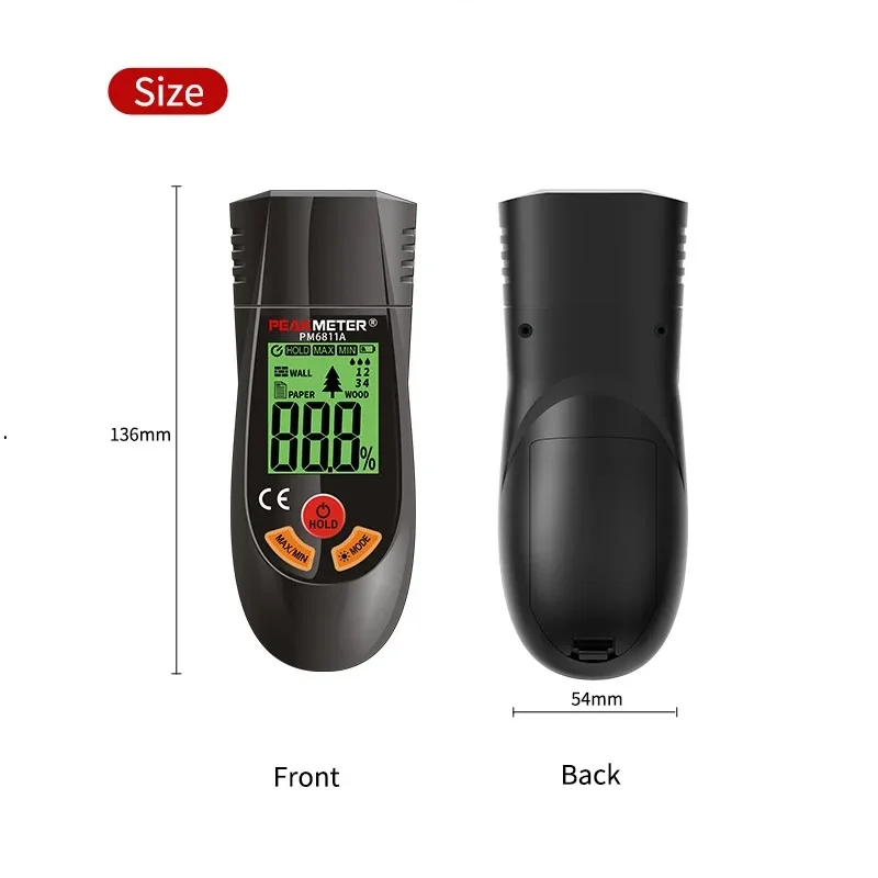 PEAKMETER PM6811A Wood Moisture Tester Hand held Paper Wall Moisture Detection  Meter 4 Type Measurement Mode Data Hold Function