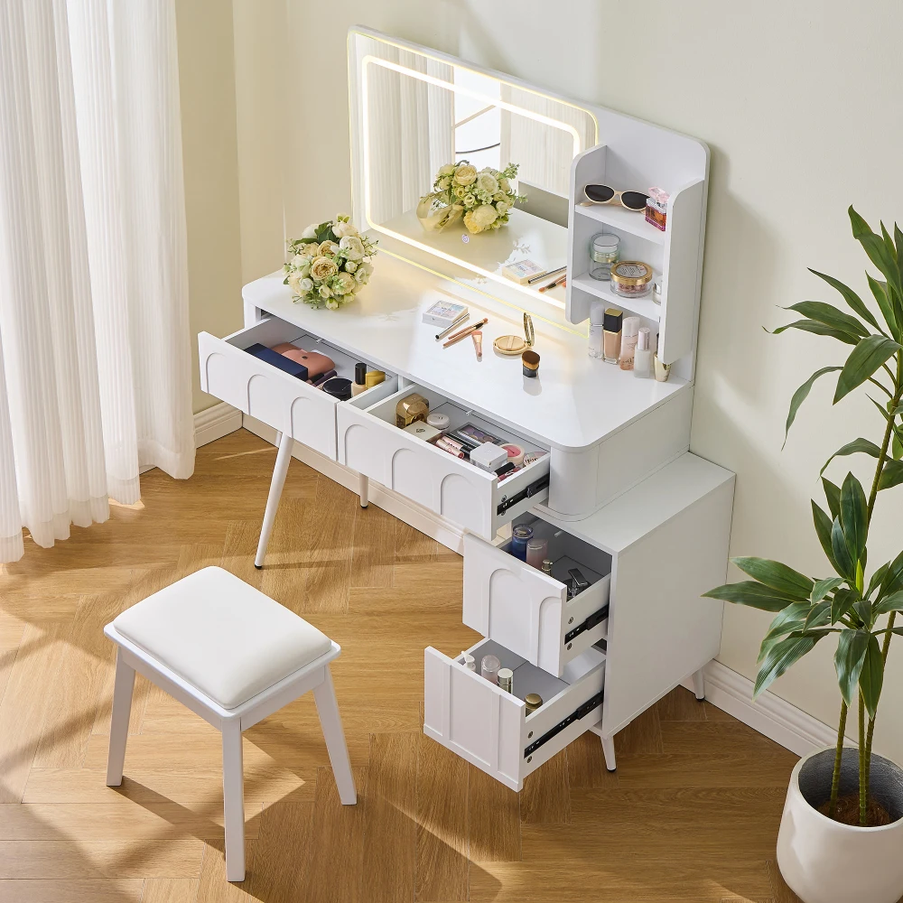 

Modern Makeup Vanity with LED & Mirror, 4 Drawer with Stool, 3-Color Dimmable, Space-Saving Bedroom White