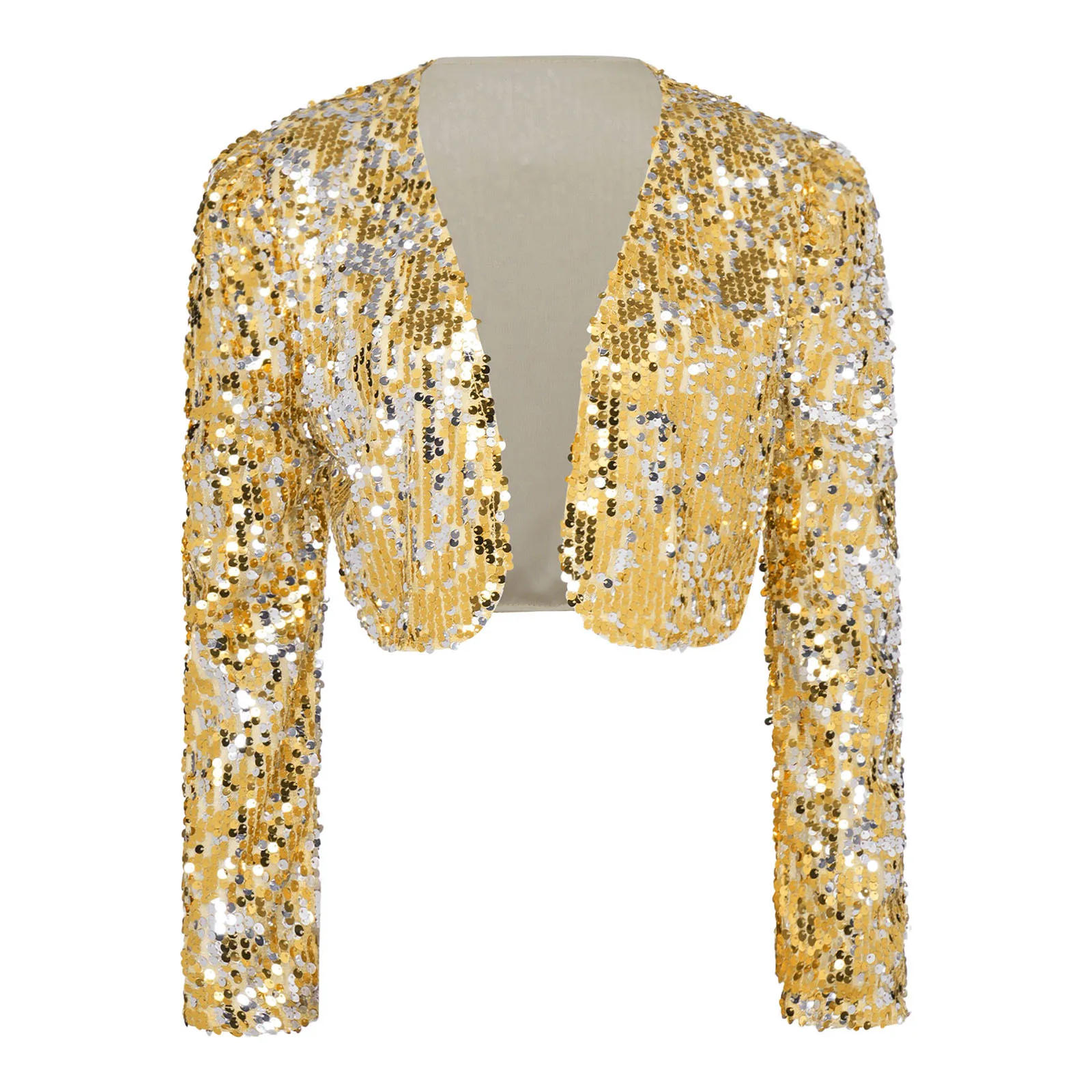 

Womens Glittery Jazz Dance Cardigan Allover Sequins with Full Lining Open Front Long Sleeve Crop Jacket Outerwear for Club Party