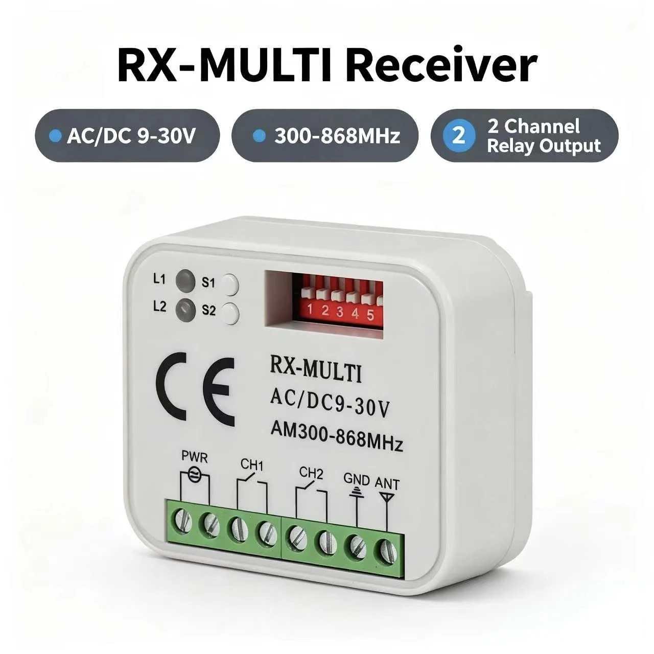 Universal 2 Channel Wireless Garage Door 300-868MHz AC DC9-30V Multi Code Radio Receiver