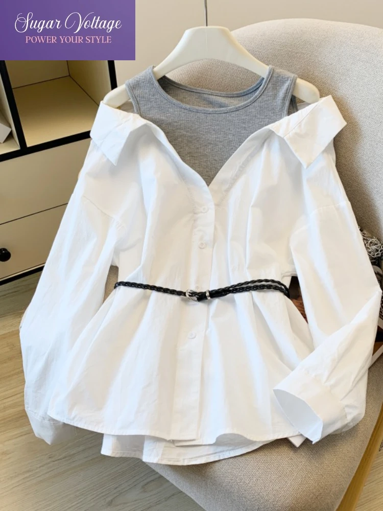 

Осенние новые французские модные поддельные топы из двух предметов, женские тонкие рубашки с длинным рукавом и поясом, рубашки на пуговицах, повседневная элегантная блузка в стиле ретро