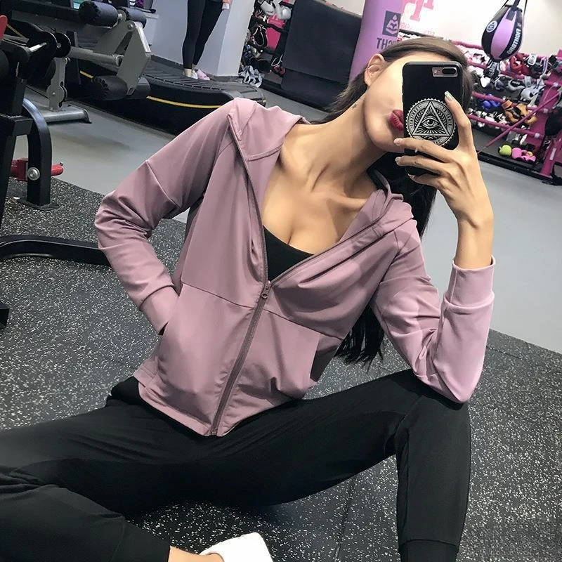 

New Women's Yoga Fitness Clothes Long Sleeve Hooded Zipper Top Loose Plus Size Running Training Slimming Sportswear Outerwear