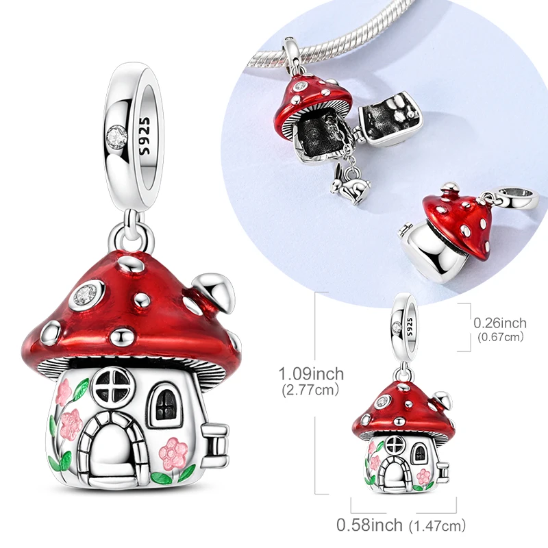 Original 925 Sterling Silver Charms Bead Openable Red Mushroom House Pendant Fit Original Bracelet For Women DIY Jewelry Gift