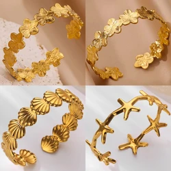 Stainless Steel Gold Color Simple Shell Flower Bracelet For Women Men Fashion Open Cuff Bracelets Bangle Party Jewelry Gift New