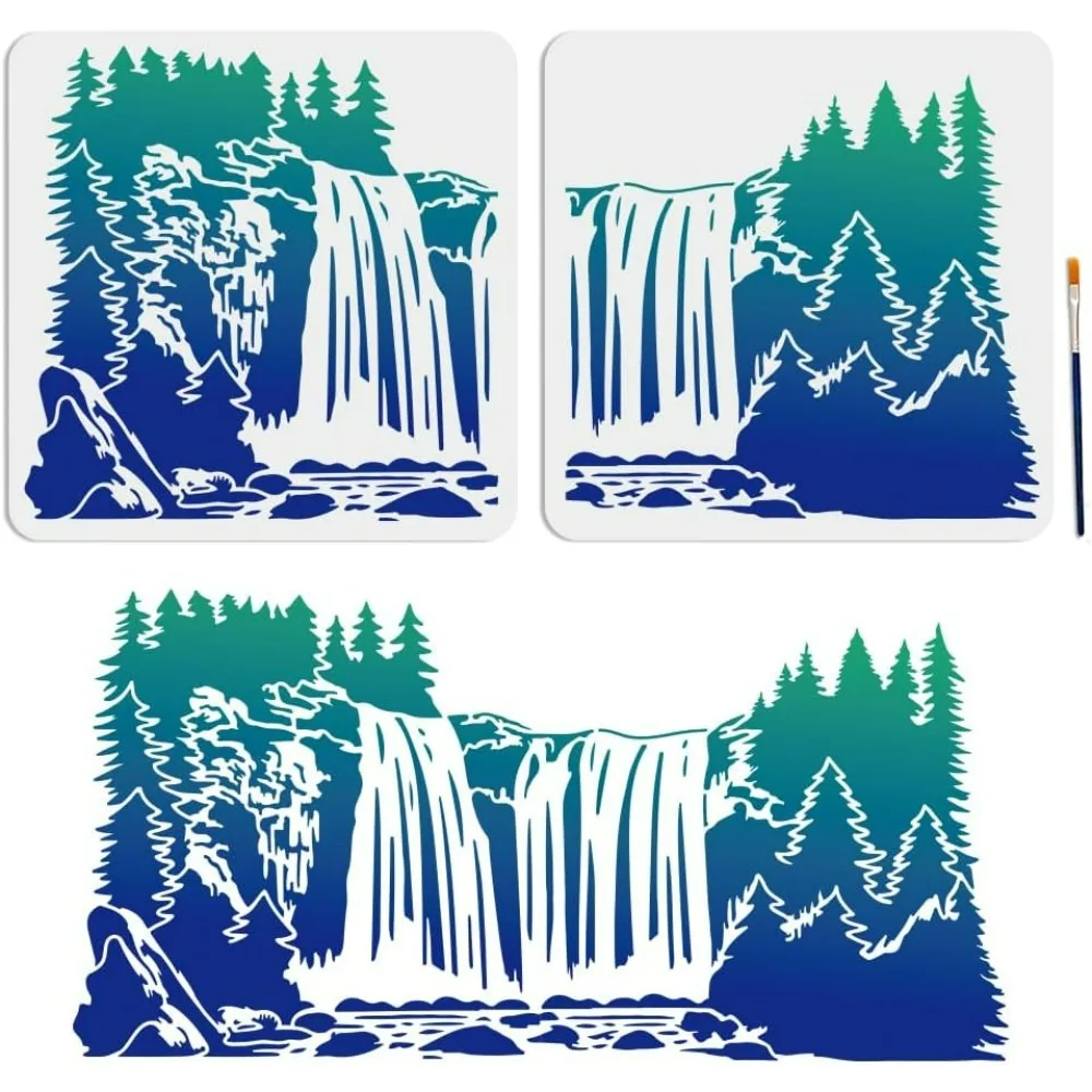 2pcs Waterfall Scenery Stencil Splicing Patterns 22×11inch Large Forest Mountain Landscape Stencil with Paint Brush Natural