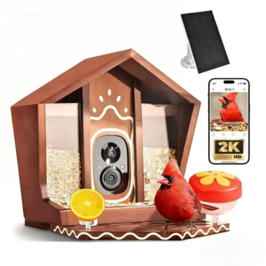 

Outdoor smart bird feeder with solar-powered camera bamboo construction black finish AI bird identification 2K UHD live video i