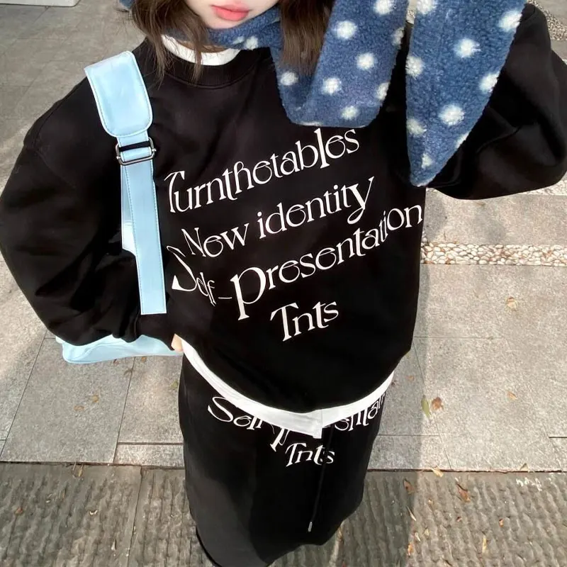 

Female Clothing High Street Letter Pullovers Korean Printed O-Neck Spring Autumn Streetwear Loose Basic Long Sleeve Sweatshirts