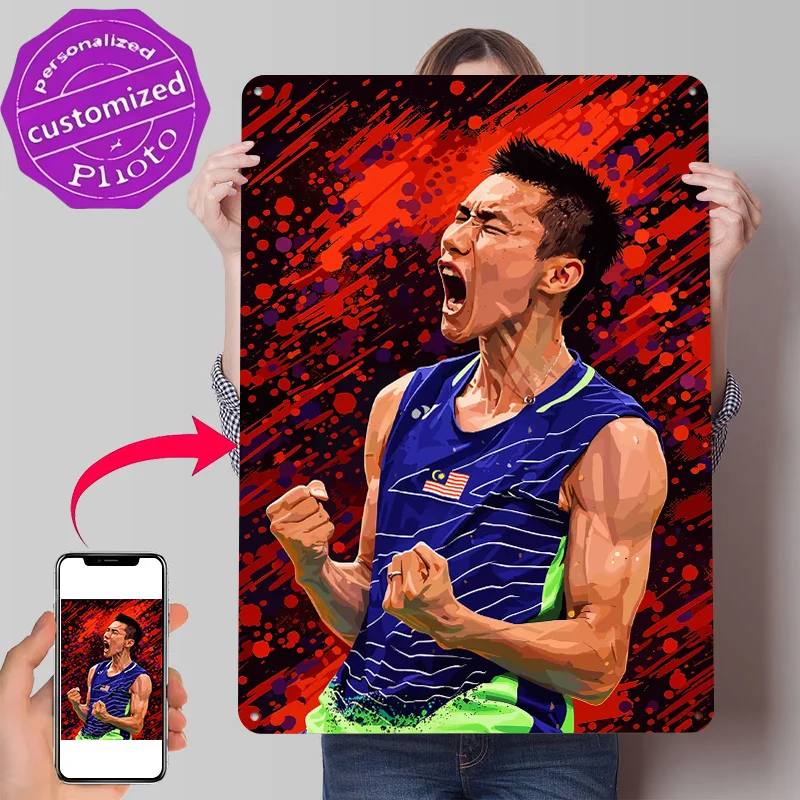 Badminton Player Celebrating Victory 3D Printed Texture Poster Personalized Wall Art Retro Metal Tin Signs for Room Decor House
