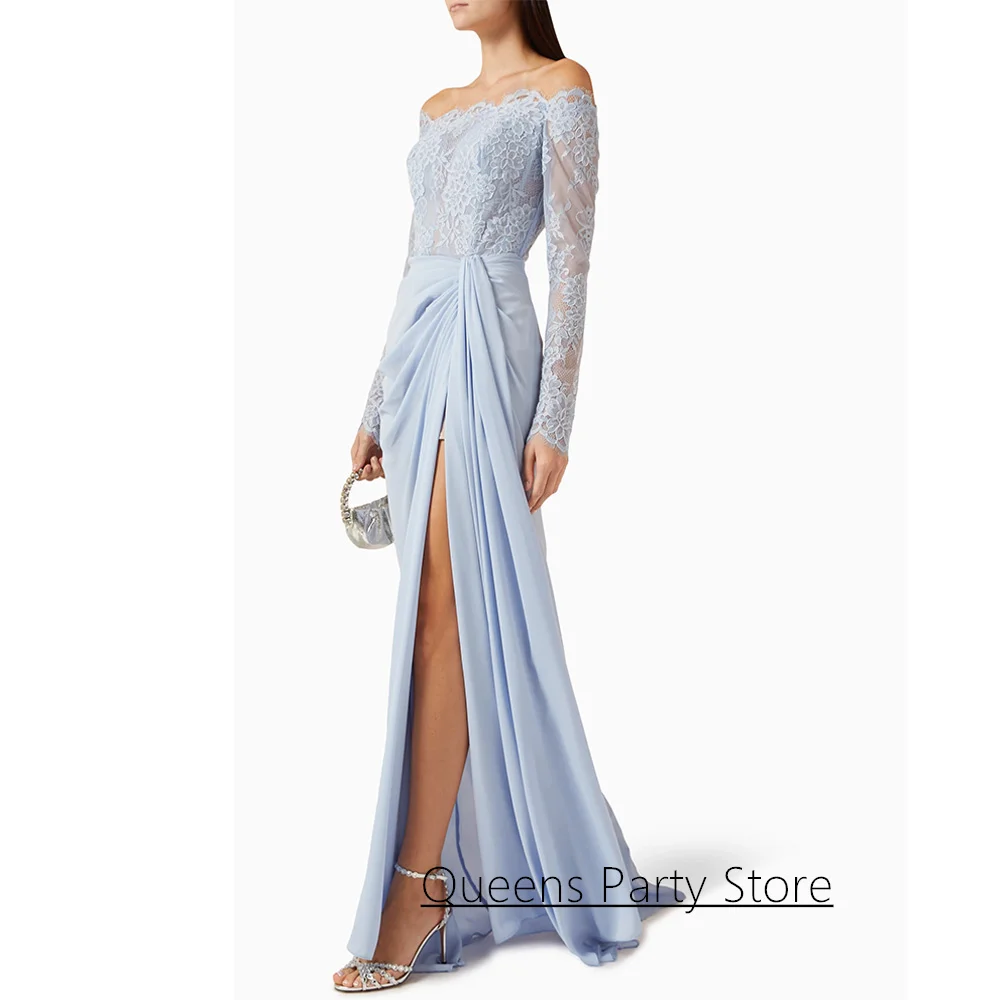 Neu eingetroffenes Abendkleid mit hohem Schlitz, maßgeschneidert, U-Boot-Ausschnitt, lange Ärmel, Spitze, saudi-arabisches Abendkleid