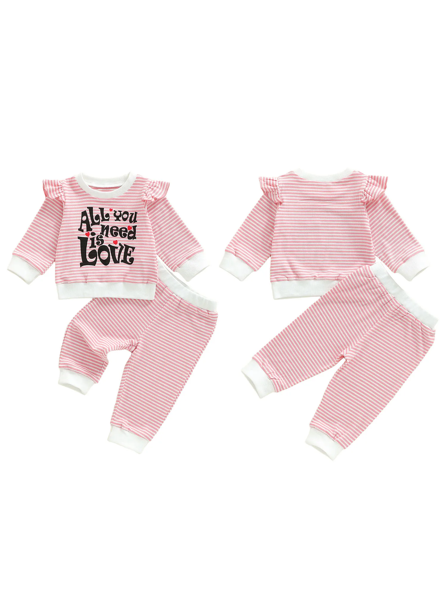 ملابس عيد الحب للفتيات الرضع طقم بلوزات وسراويل مكشكشة مطبوعة على شكل قلب وردي للأطفال الصغار بأكمام طويلة مكون من قطعتين #4