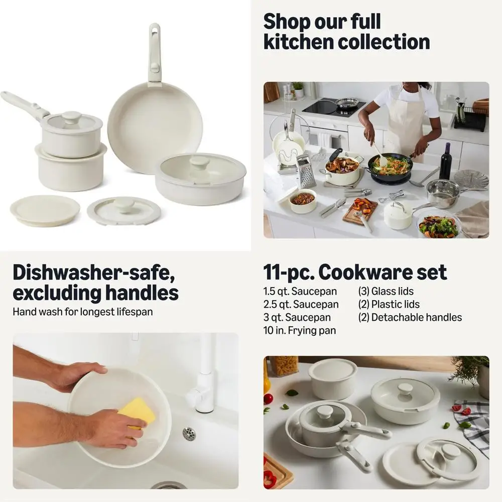 

11-Piece Ivory Ceramic Nonstick Stackable Cookware Set with Detachable Handles, Suitable for All Cooktops