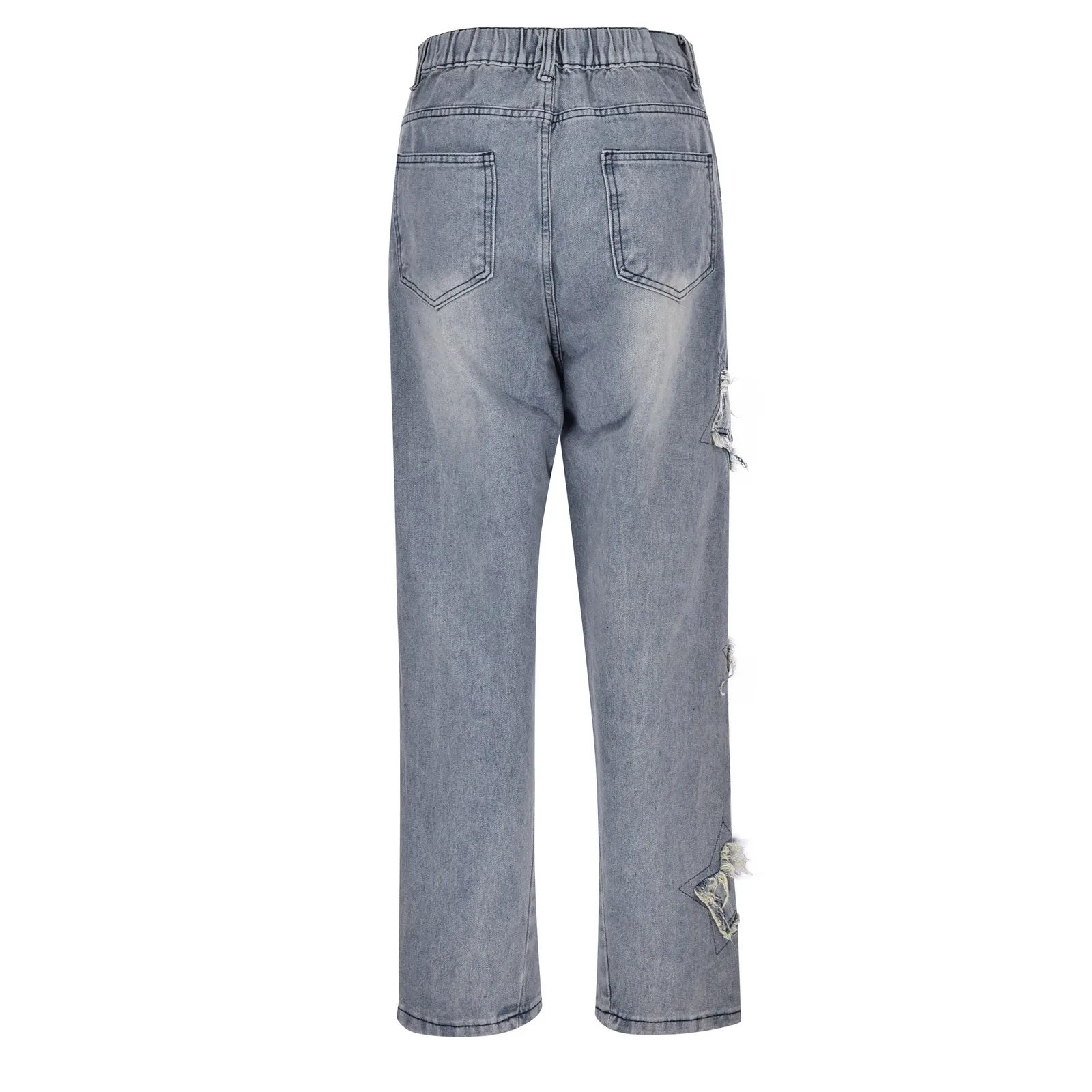 Jeans a gamba larga con toppa a stella a cinque punte primavera autunno Pantaloni in denim retrò alla moda di High Street Pantaloni lavati in vita elastica da donna