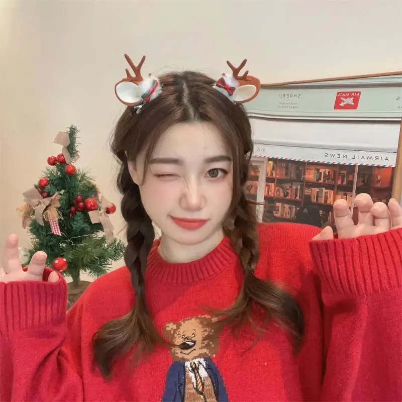 1 Pair Christmas Hair Clips For Women Girls Antlers Side Bangs Clip Cartoon Plush Elk Ear Hairpins Santa Snowman Barrettes