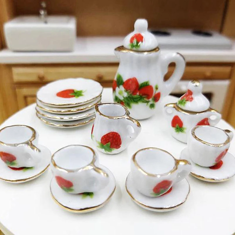 15Pcs/Set 1:12 Dollhouse Miniature Tableware Porcelain Ceramic Tea Cup Plate