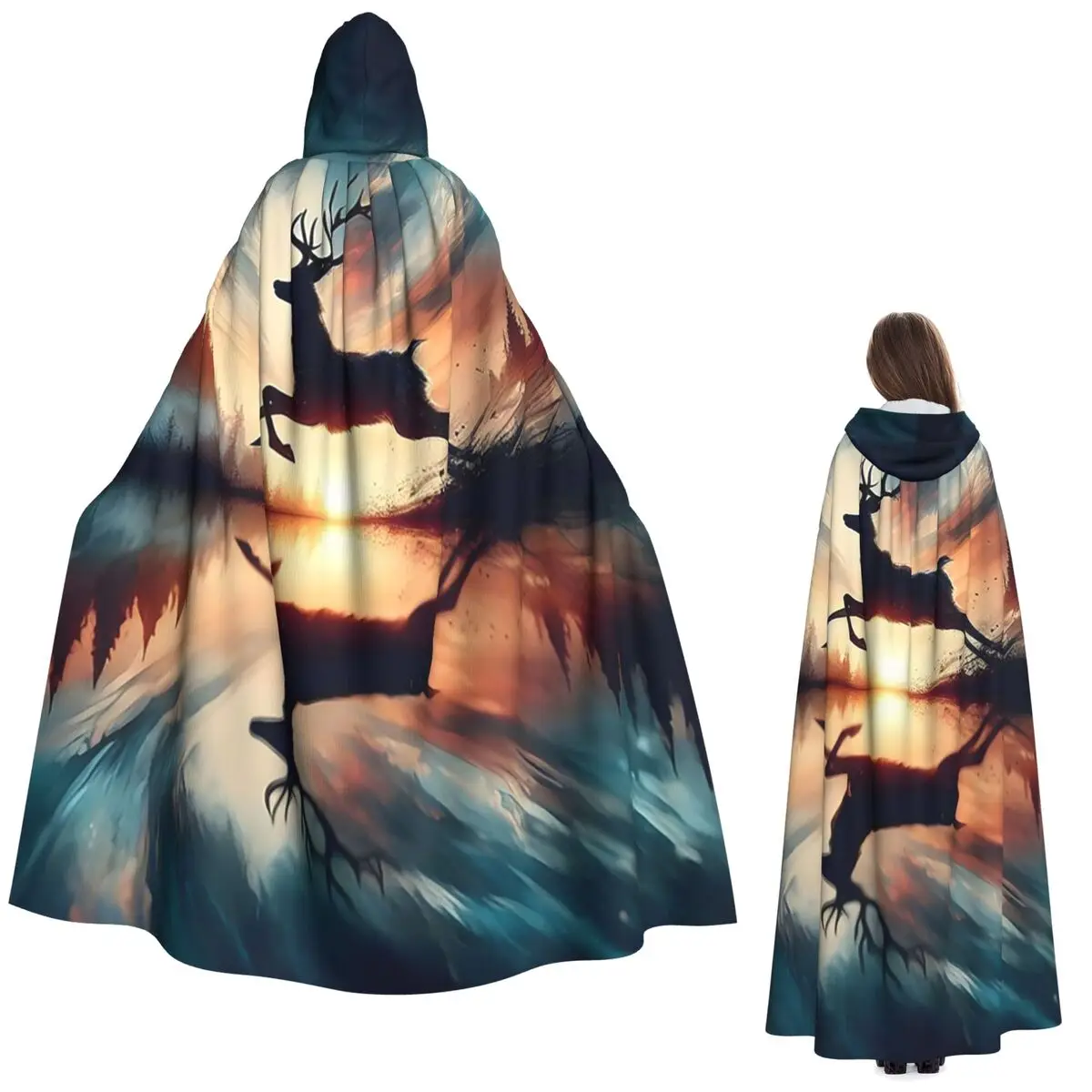 الغزلان انعكاس Ai توليد الفن طويل مقنعين عباءة الساحرة القرون الوسطى زي تأثيري كيب HalloweenParty الكبار للجنسين