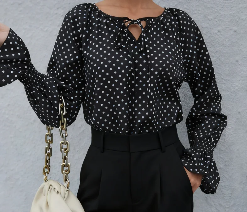

Autumn Casual Retro Polka Dot Print V-Neck Lantern Sleeve Chiffon Shirt for Women, Fashionable and Elegant Chiffon Shirt