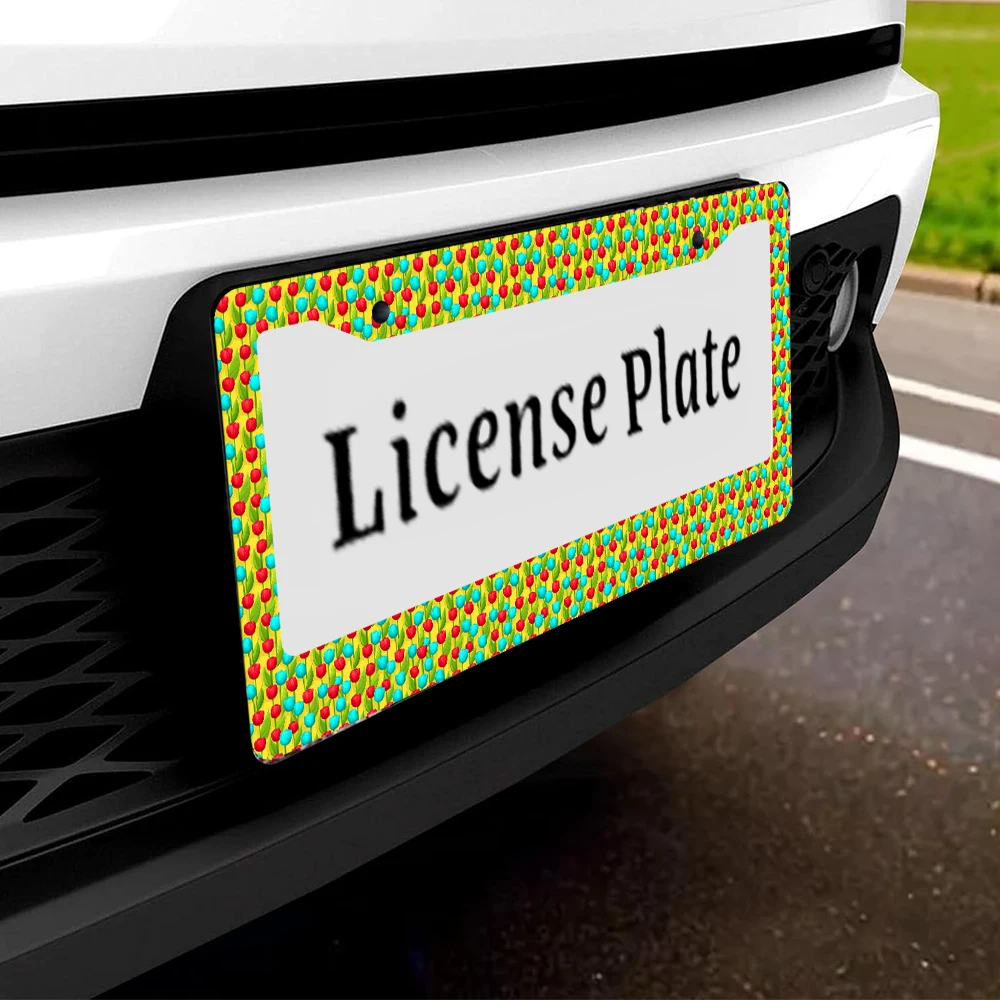 1 قطعة إطار لوحة ترخيص بنمط توليب أصفر بفتحتين، مادة ألومنيوم، 6 × 12 بوصة مع طقم براغي، تصميم كرتوني ممتع للسيارة