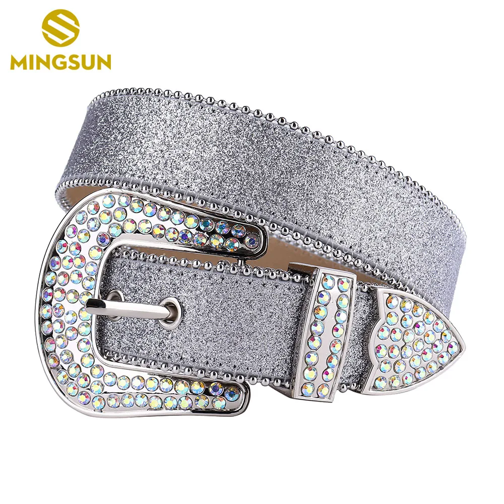 Shiny Silver Leather Belt for Women Vintage Bling Large Rhinestone Buckle Luxury Alloy Diamond Tail Jeans Belt Cinto Masculino