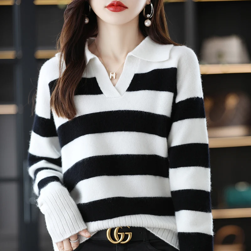 New Arrivals Women Sweater 100% Pure Wool Knitted Pullover Autumn Turn-down Collar Striped Jumper For Female Soft Shirt Girl Top