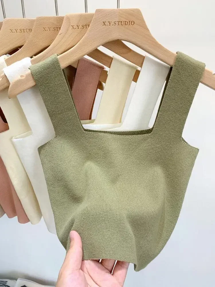 2026 Gebreide zomer dames sexy mouwloze tops mode korte vierkante kraag tanktops 6 kleuren gebreid