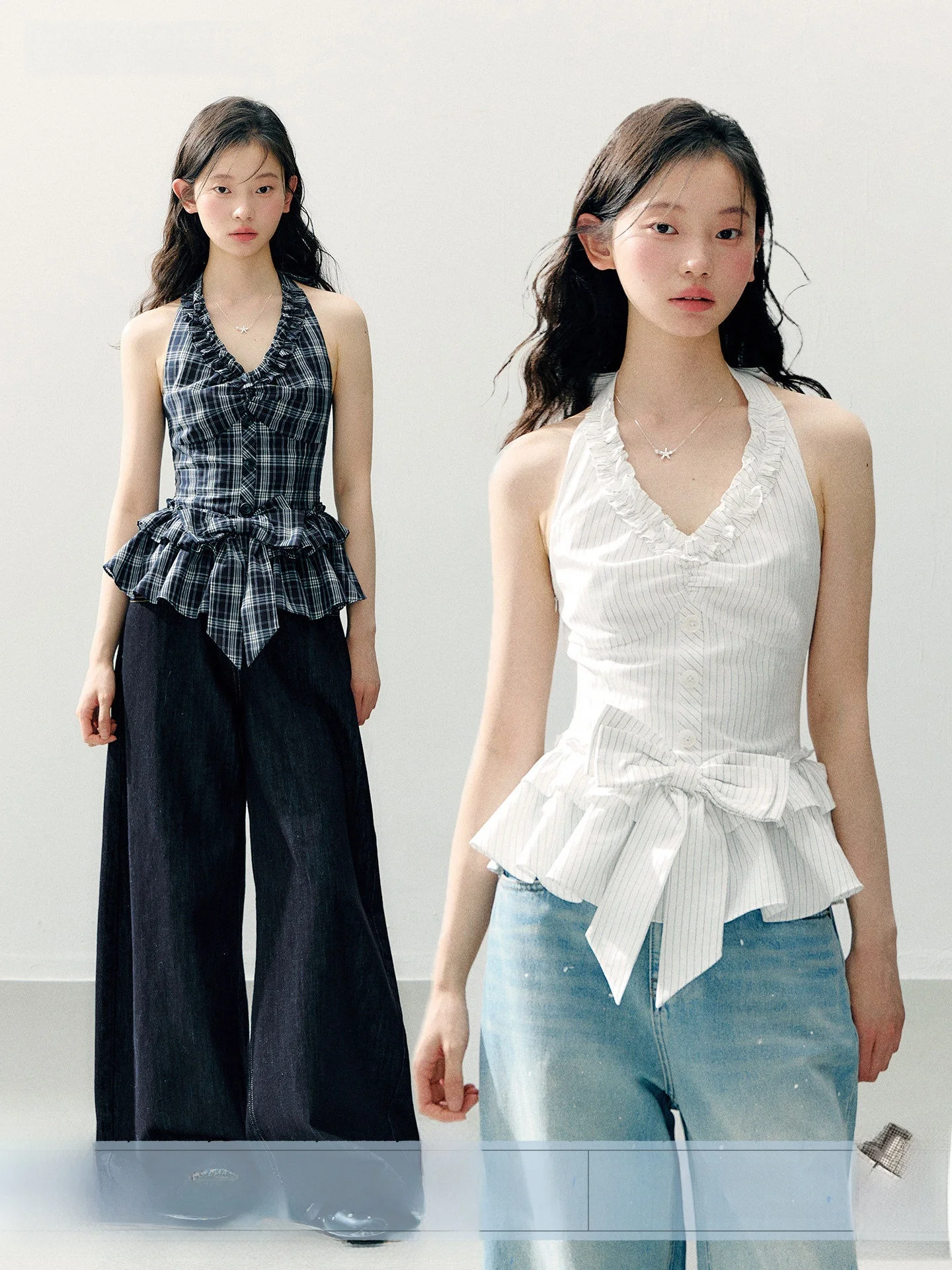 

Annatto Summer Original Plaid Knot Neck Hanging Waist in Wide Leg Jeans Set Women's Fashion Set Stripe Pattern