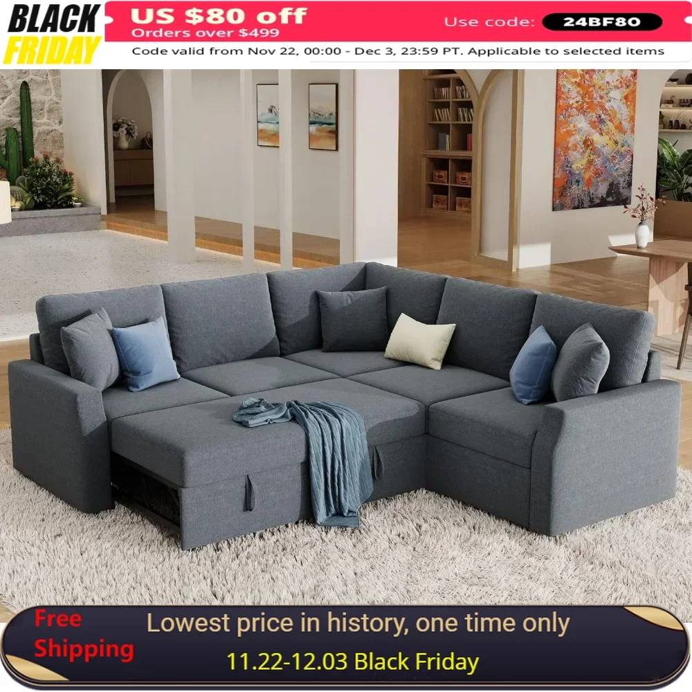 Sofa Bed with Pull Out Bed & Storage Seat 85 Inch Oversized L Shape Sectional Sofa Grey Linen Reversible Couch