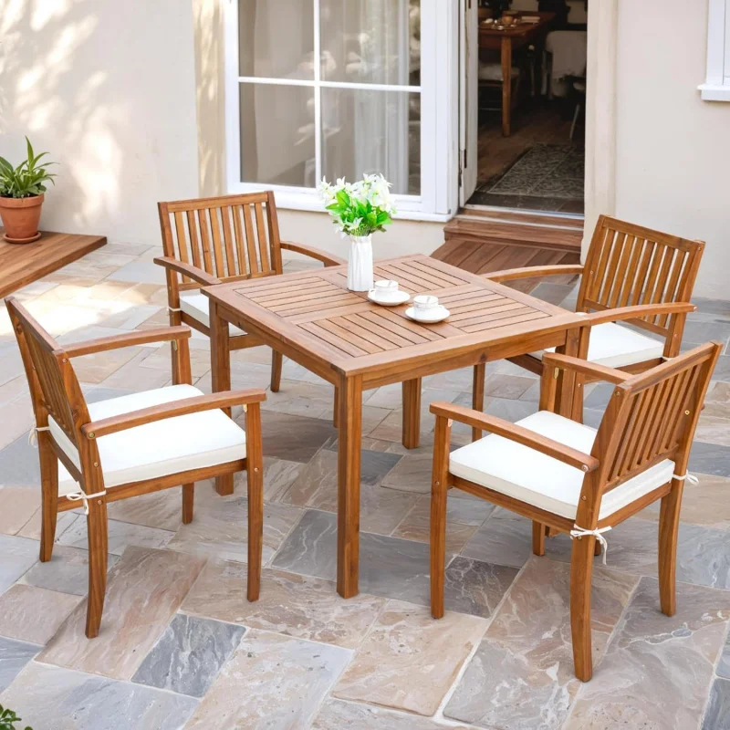 

5-Piece Outdoor Acacia Wood Dining Set, Patio Table & Chairs with Soft Cushions, All-Weather Furniture Deck Backyard Garden