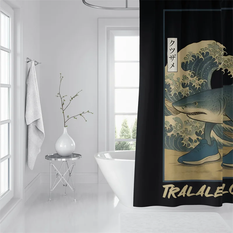 Gaslight Gatekeep Girlboss Tralalero Tralala Ukiyo-e Japanese Style Shower Curtain Set with Grommets and Hooks for Bathroom