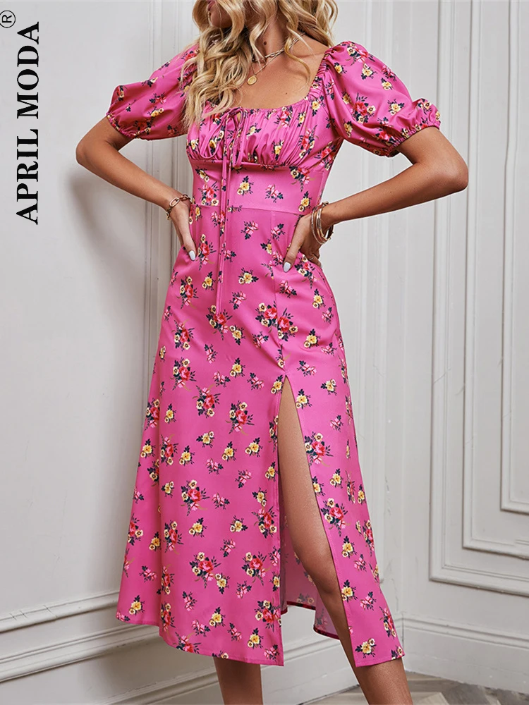 Robe de soirée mi-longue élégante à imprimé floral pour femmes, style d'été, grande fente, proximité, cordon de serrage au dos, robe à lacets, vêtements de ferme à la mode