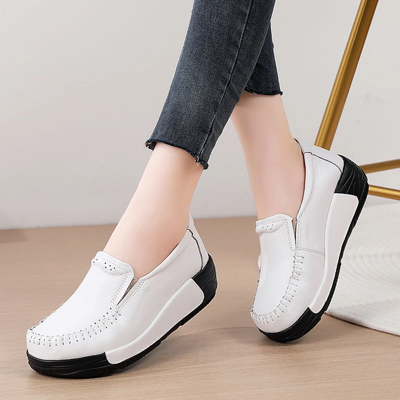 Spring Version Height-Increasing Wedges Casual Shoes Ladies Cushioning Loafers Genuine Leather Platform Shoes Women Thick-Soled