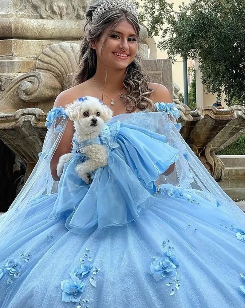 فستان الأميرة Quinceanera ، أزرق سماوي ، عاري الكتفين ، لؤلؤ زهري ، حلو 16 فساتين ، 15 سنة ، مخصص