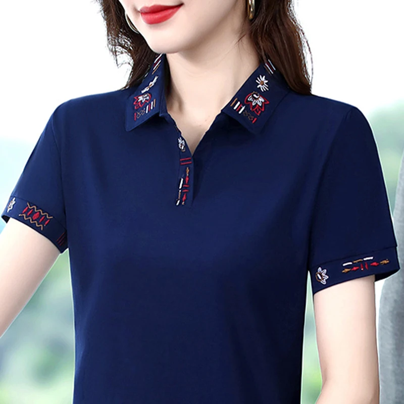 

New Polo Shirt Women Blue Shirt Women Summer Short Sleeve Femininas Shirts Cotton Polo Shirt Star Embroidery Ladies tops