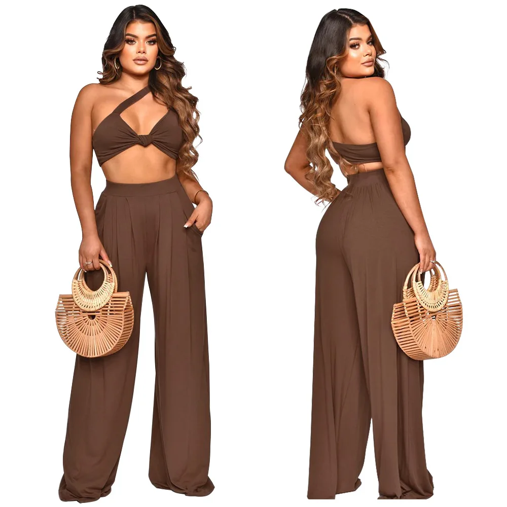 Customized LOGO Women's Slash Shoulder Sleeveless Sexy Fashion Wide Leg Pants Two-piece Set