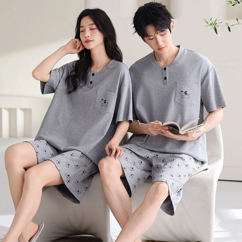 Couple Short Sleeve 100% Cotton Pajama Sets for Men 2026 Summer Korean Loose Shorts Sleepwear Pyjama Women Homewear Home Clothes