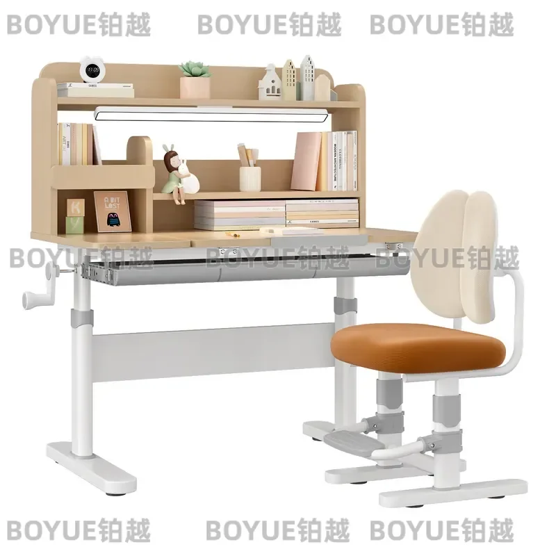 Adjustable Kids Study Desk and Chair Set Hand Crank Height Adjustable Writing Table for Students Ergonomic Homework Station