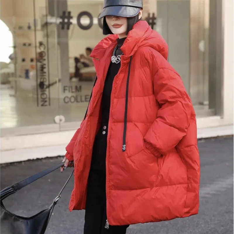 Solid Coats Down Mid-length Women Jacket Thickened Windproof Down Jackets Casual Loose Fashion Parka Hooded Winter Coat Female