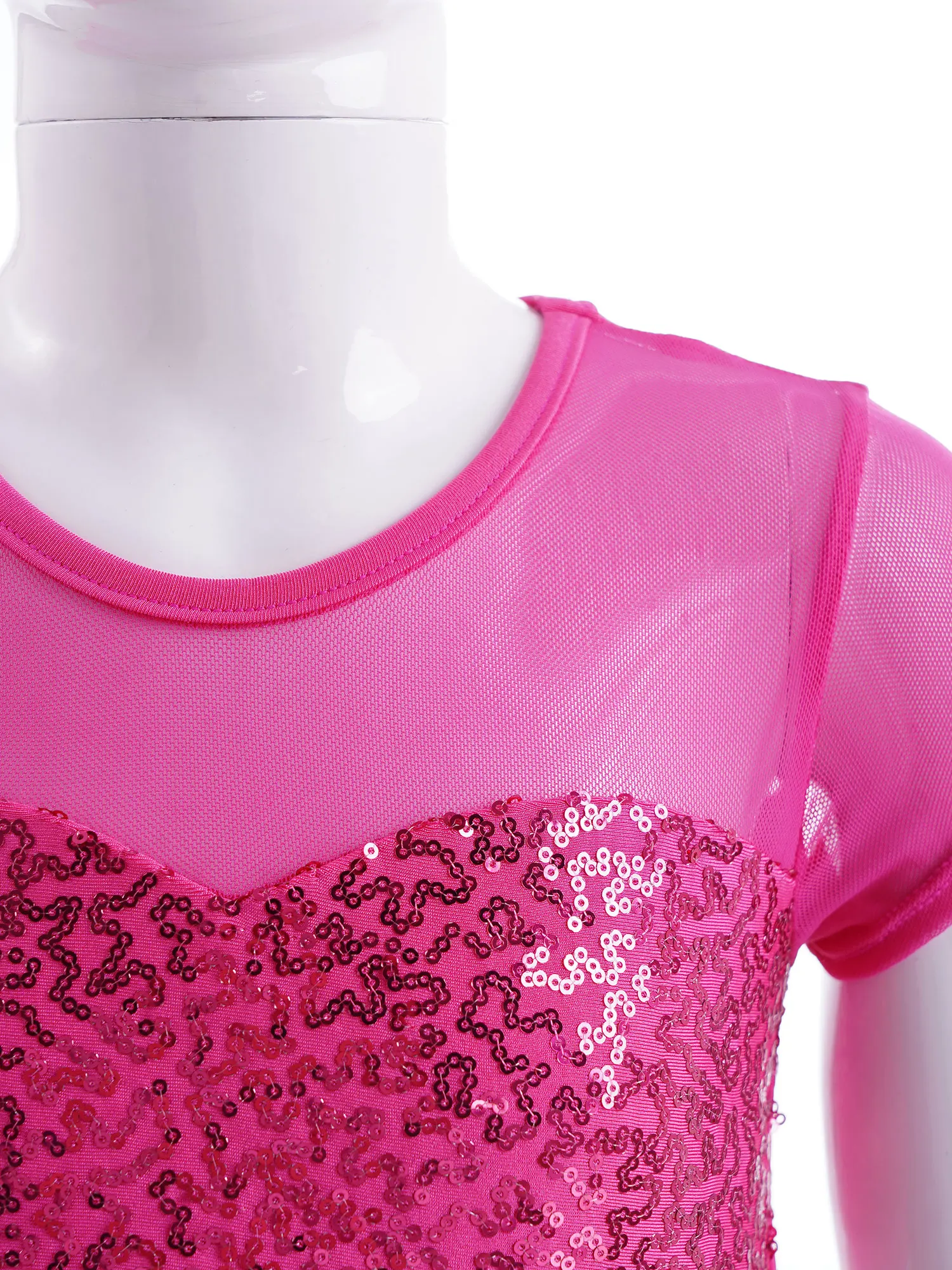 Kids Girls Dance Crop Top Mesh Short Sleeve Shiny Sequins Ballet Tops For Jazz Dancing Stage Performance Gymnastics Costume