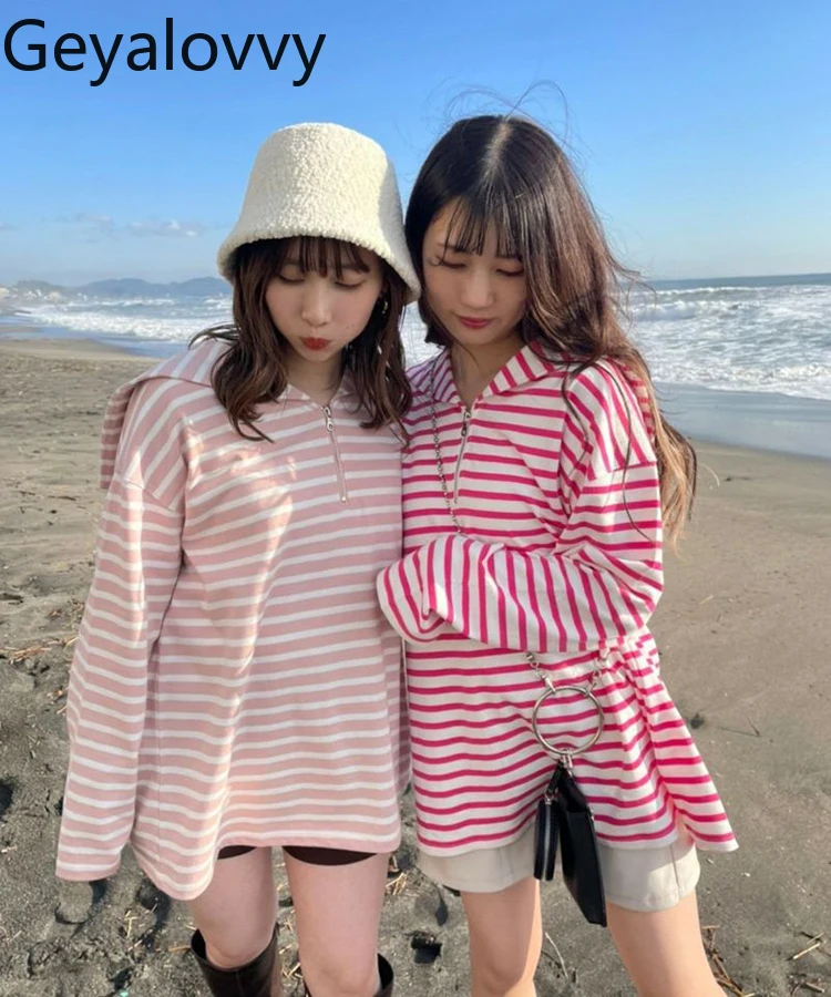 

Japanese Style Sweet Pure Cotton Navy Collar Striped Long Sleeve T-Shirt Versatile Zipper Pullover Loose Women's Mid-Length Top