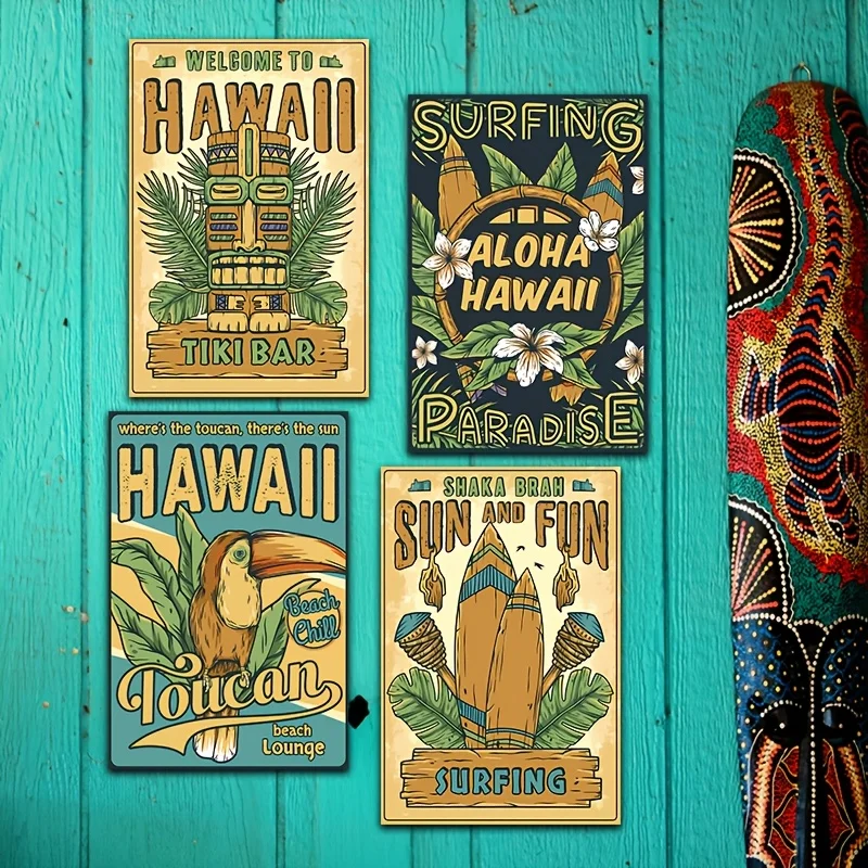 4pcs Vintage Hawaiian Travel Metal Signs- Retro Wall Decor For Home, Bar, Pub, Cafe, Or Club-20x30cm Tropical Posters With Aloha