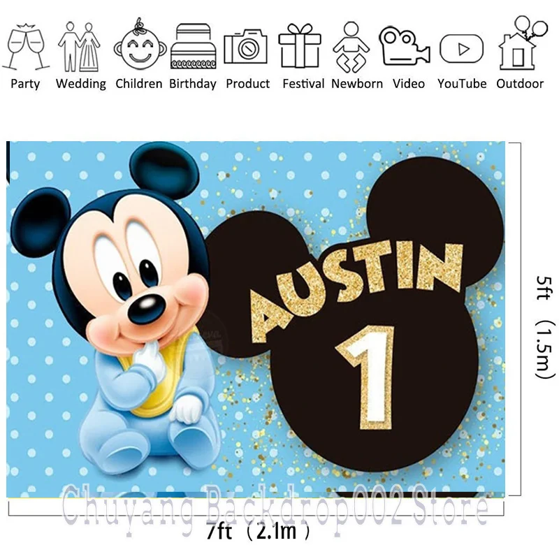 Disney Blue Mickey Mouse Backdrop Party Supplies Photography Backdrop 1st Birthday Background Princess Girls Boys Decoration