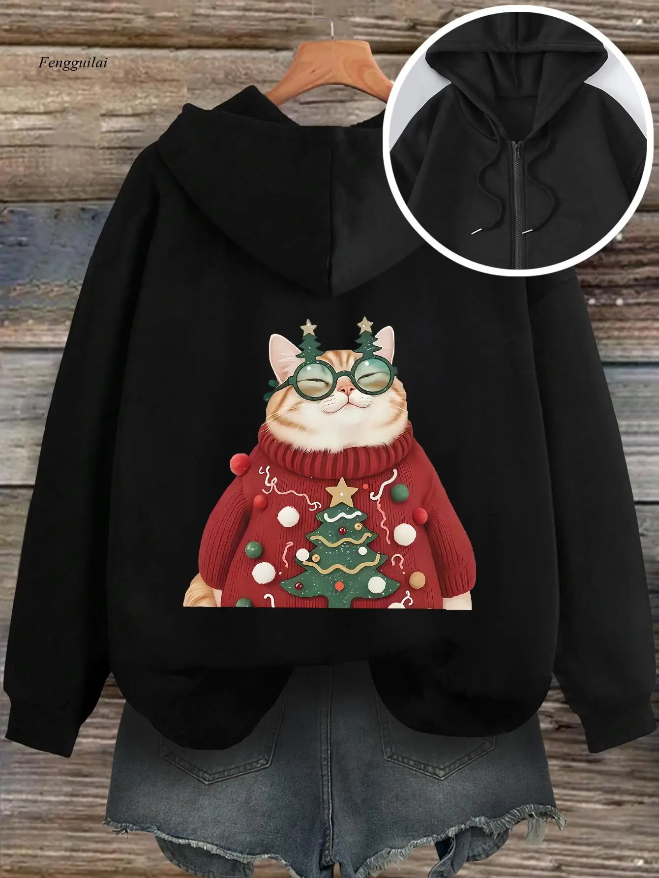 Felpa con cappuccio con zip e stampa natalizia |   Felpa casual a maniche lunghe con tasca per l'autunno e l'inverno