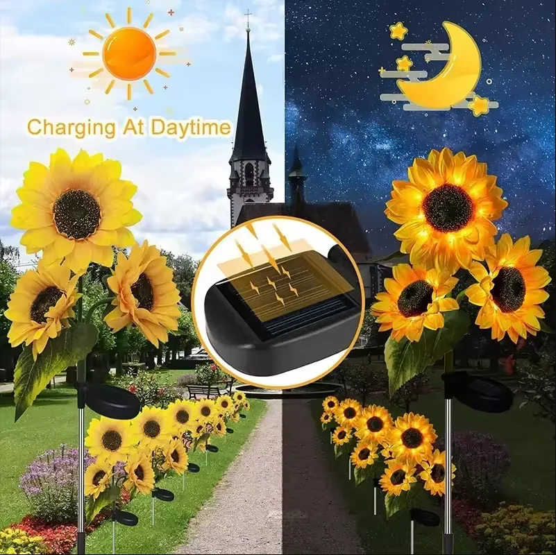 Solar Powered Sunflower Light Outdoor Waterproof LED Ground Insert Lawn Lamp for Garden Lawn Courtyard Decoration