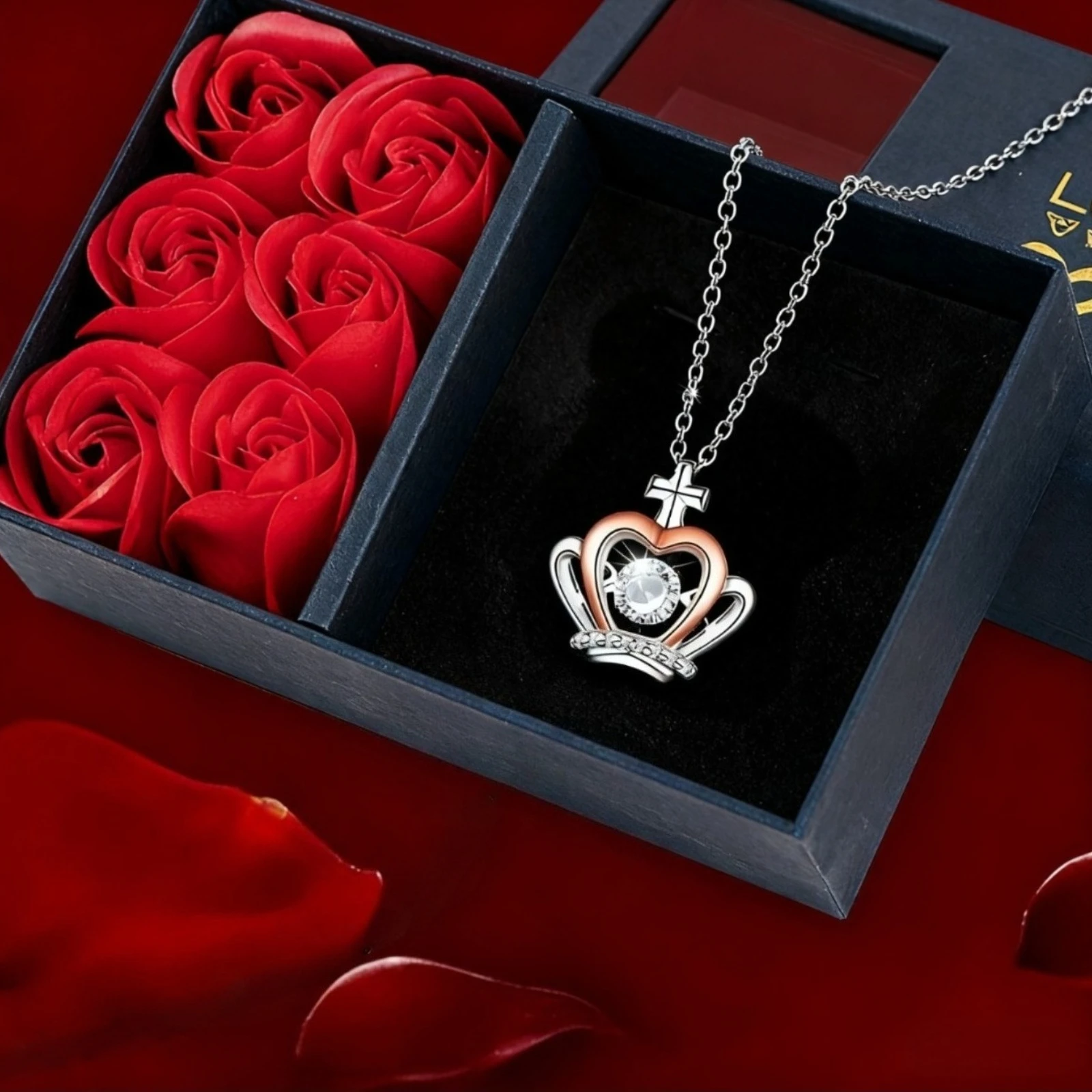 مجموعة قلادة التاج الوردي الأنيقة | 6 ورود + قلادة التاج + علبة هدية بطاقة تهنئة | مجموعات هدايا مجوهرات راقية أنيقة #2