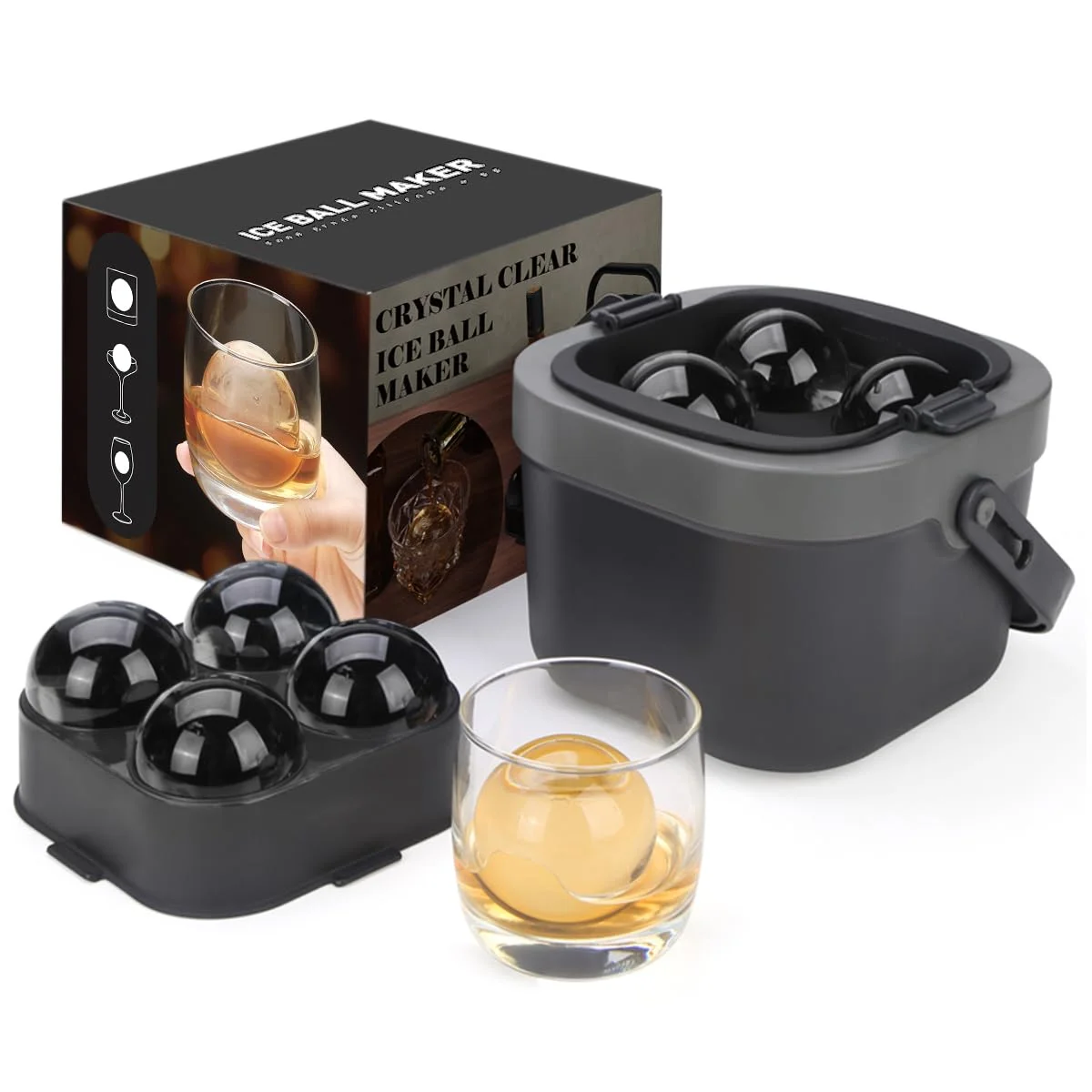 

Crystal Clear Ice Ball Maker 4 Large 24 Inch Sphere Ice Cube Mold for Whiskey Cocktails Bourbon Bartender Quality Drinks Home