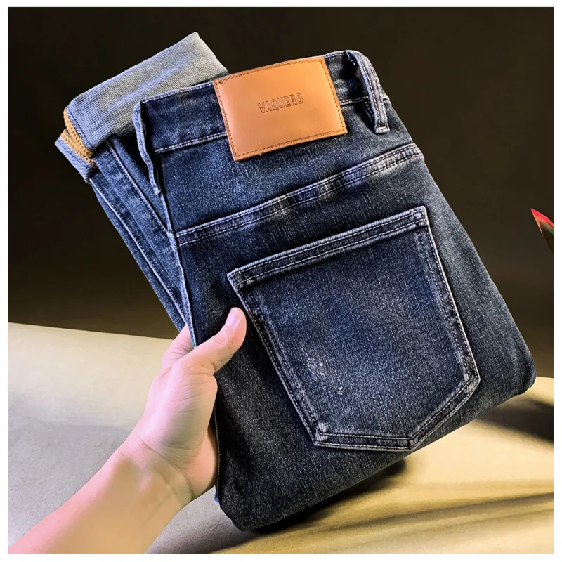 

Модные мужские джинсы в американском стиле весной и осенью, приталенный крой, эластичный, на маленьких ногах, с вырезами и рваными дырками, длинные брюки.