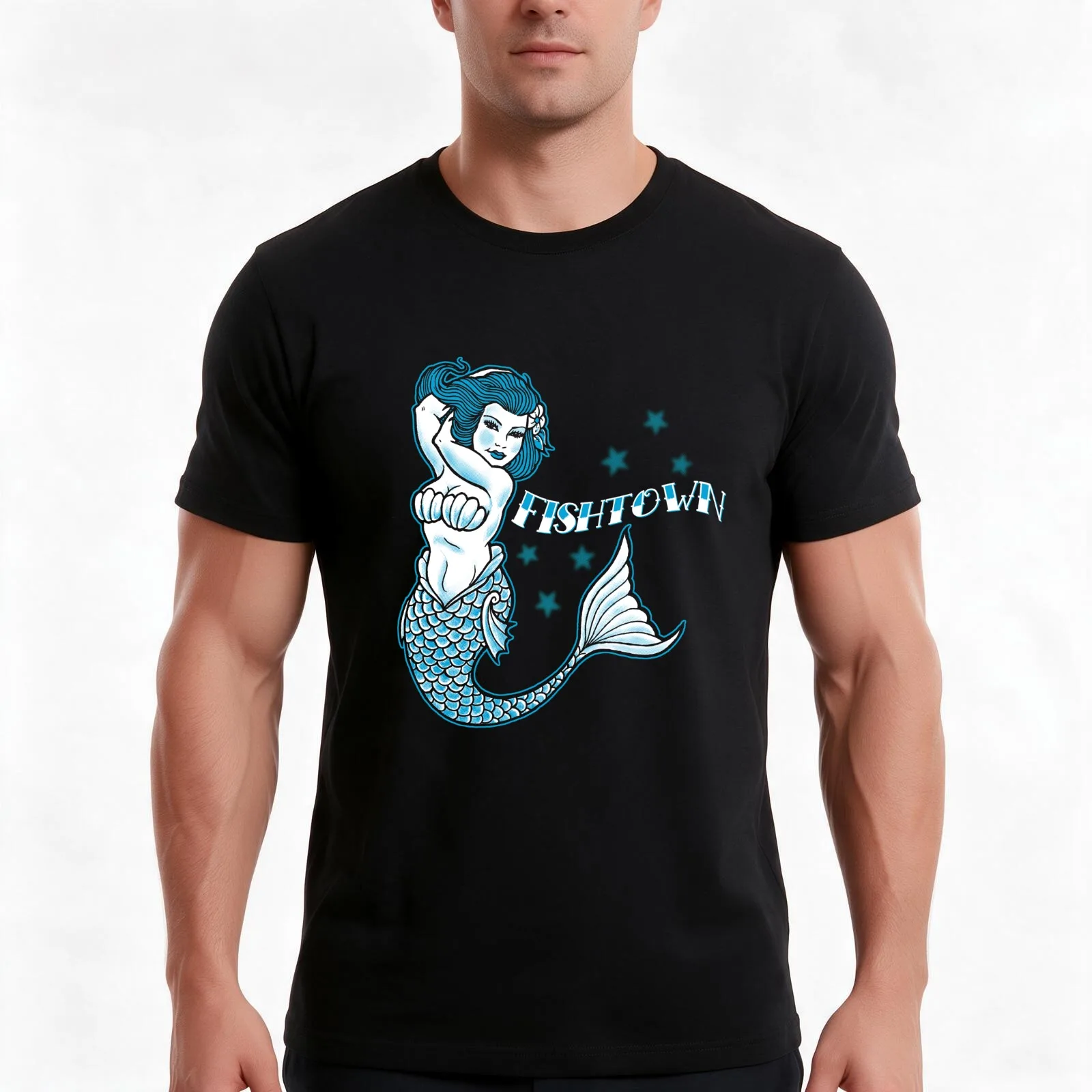 Fishtown Mermaid T-Shirt, Summer Casual Cotton Tee, Oversized Streetwear Tops, Vintage Graphic Print, Loose Fit Short Sleeve